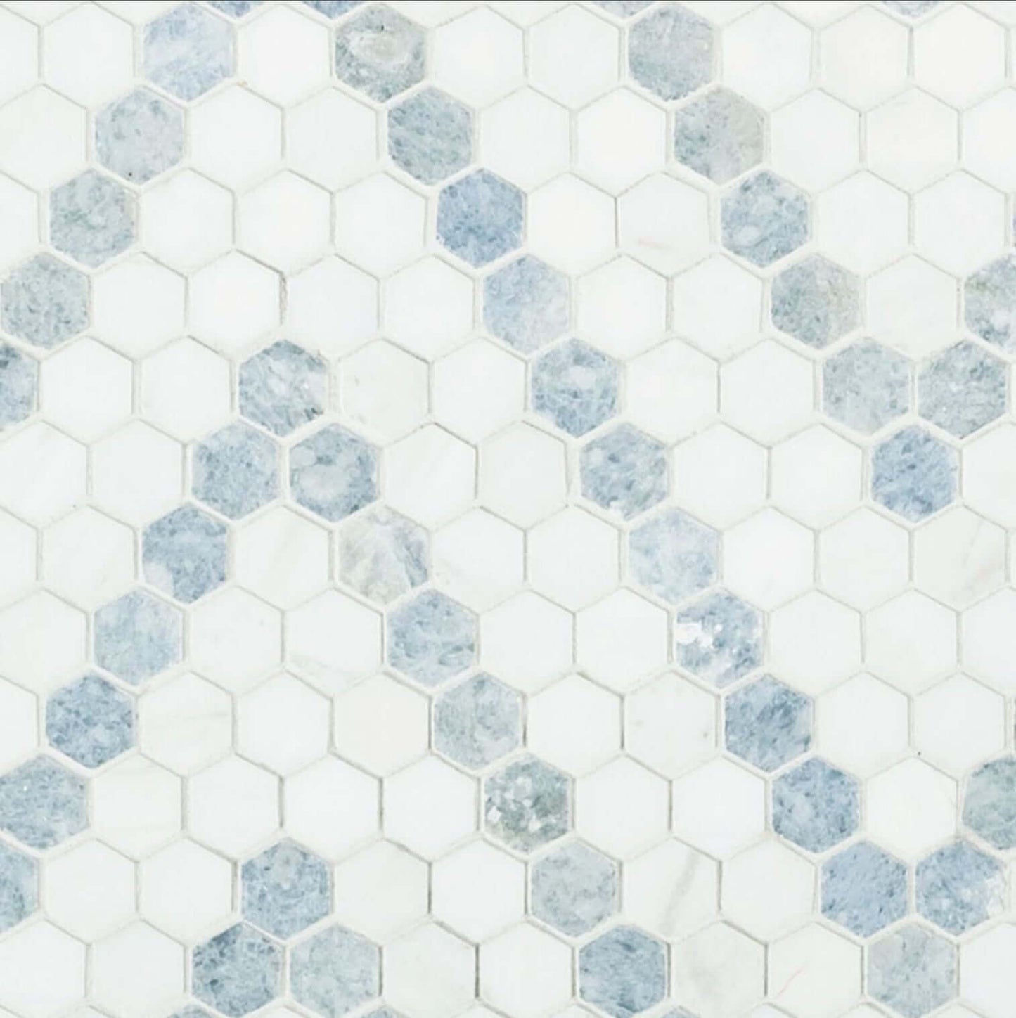 1” Azula Sazi Polished Hexagon Mosaic, Thassos White + Blue Azul