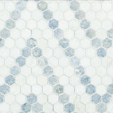 1” Azula Sazi Polished Hexagon Mosaic, Thassos White + Blue Azul