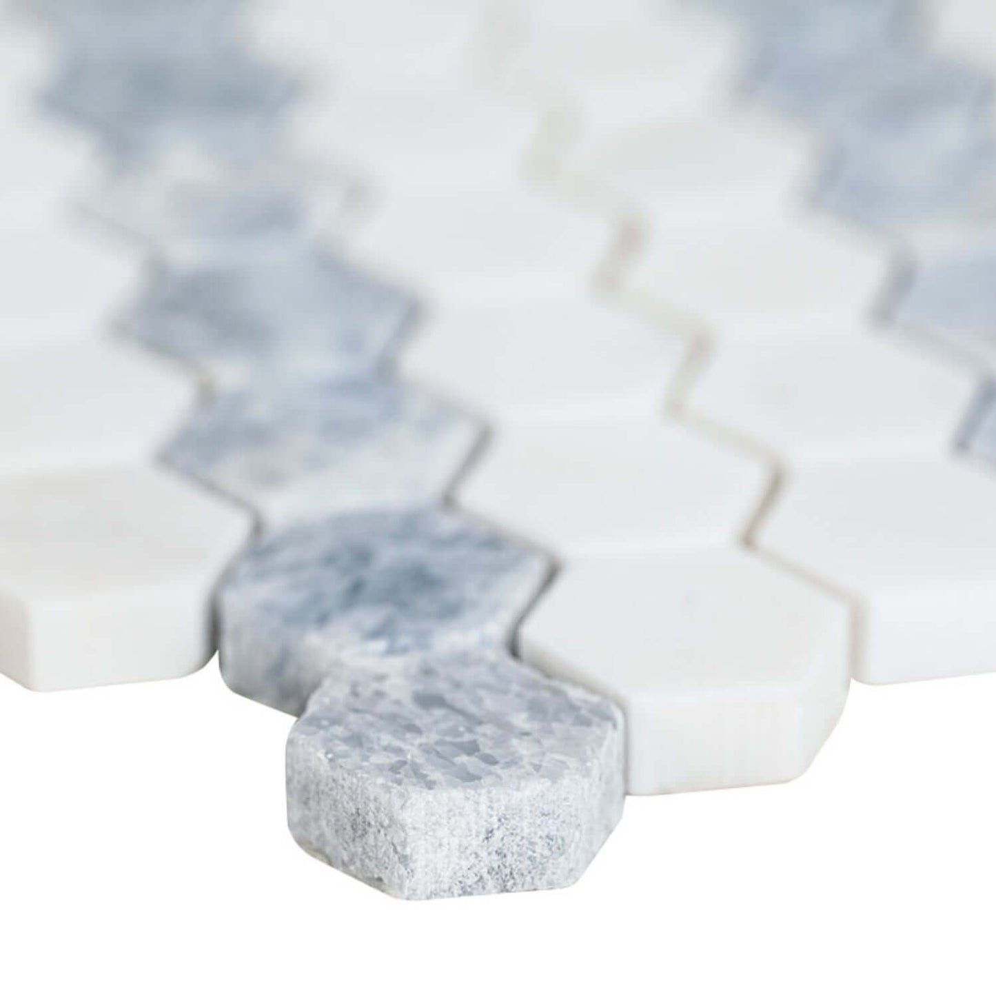 1” Azula Sazi Polished Hexagon Mosaic, Thassos White + Blue Azul