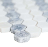 1” Azula Sazi Polished Hexagon Mosaic, Thassos White + Blue Azul