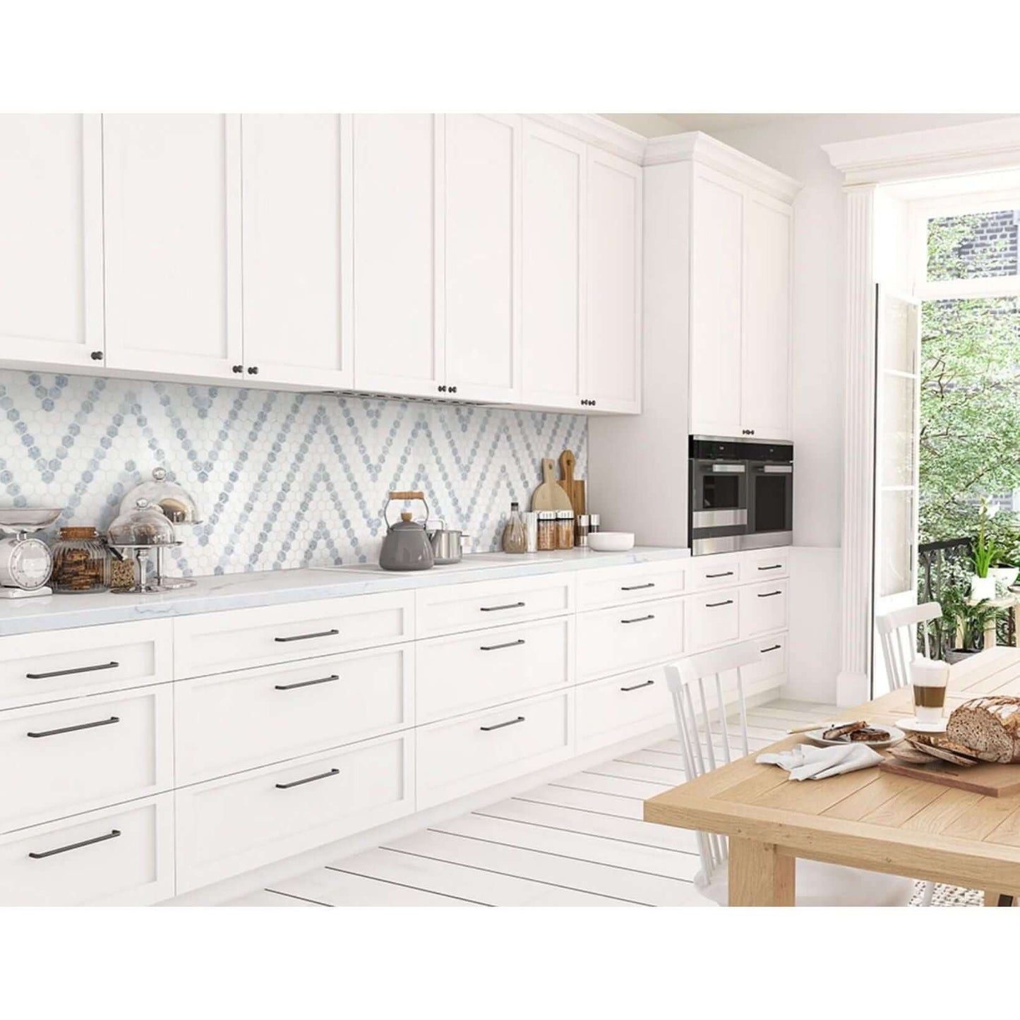 1” Azula Sazi Polished Hexagon Mosaic, Thassos White + Blue Azul