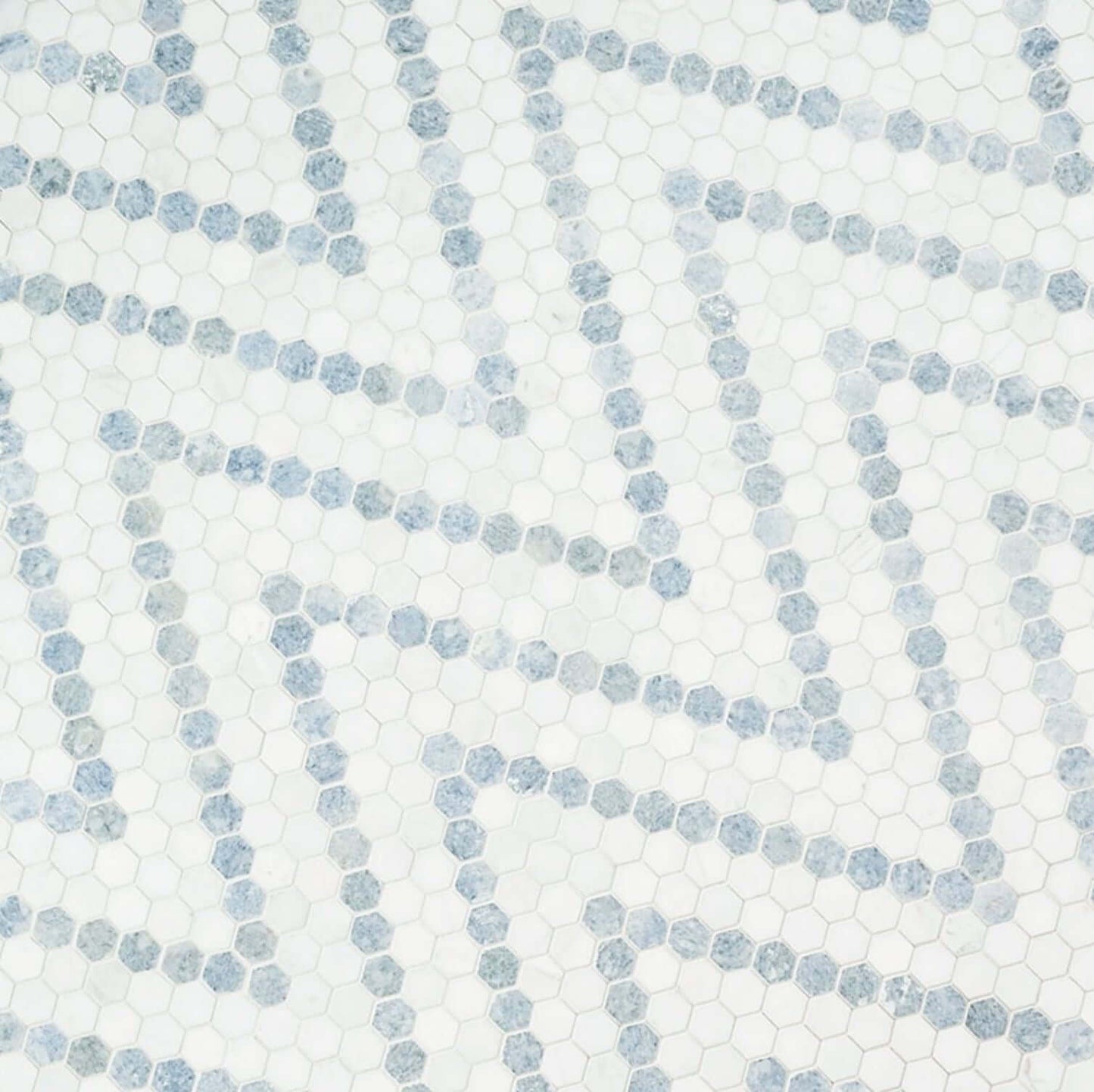 1” Azula Sazi Polished Hexagon Mosaic, Thassos White + Blue Azul