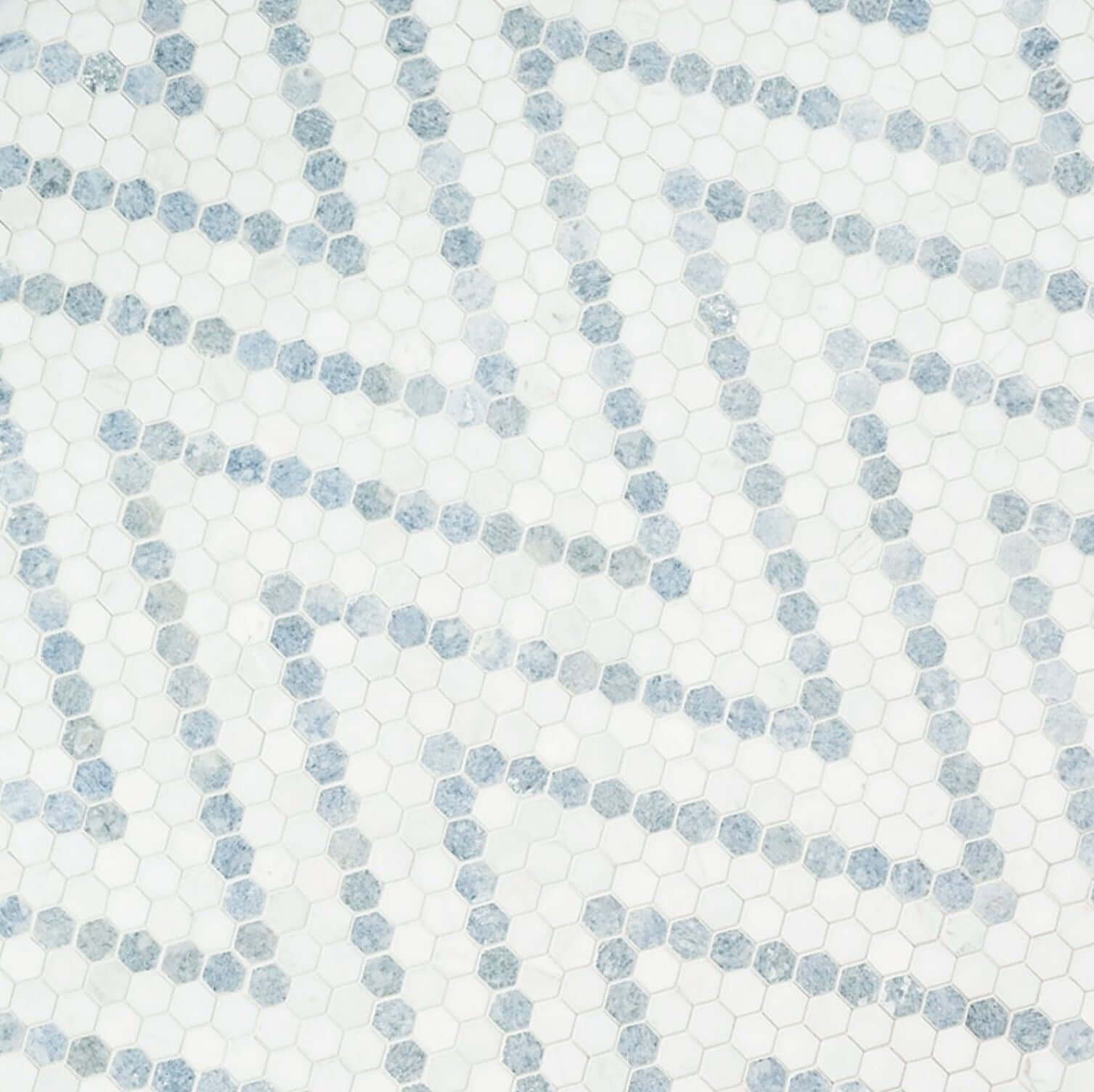 1” Azula Sazi Polished Hexagon Mosaic, Thassos White + Blue Azul