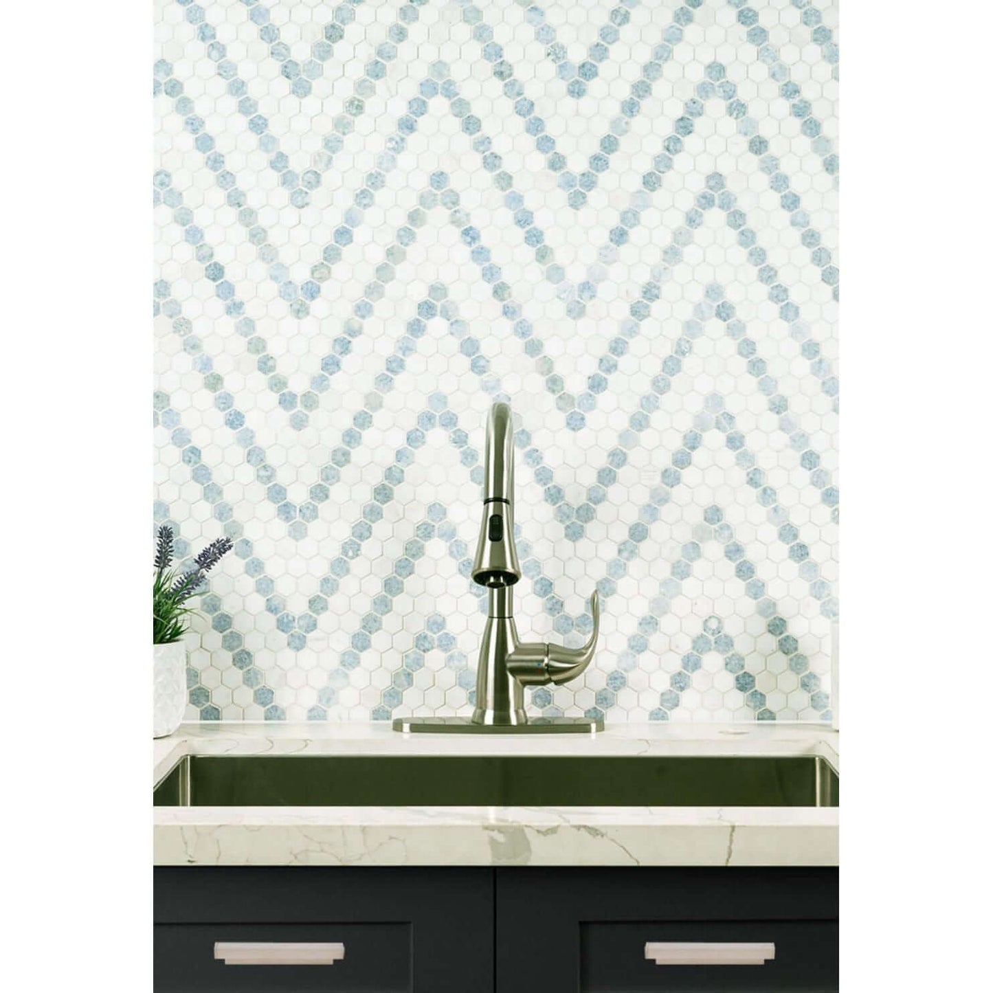 1” Azula Sazi Polished Hexagon Mosaic, Thassos White + Blue Azul