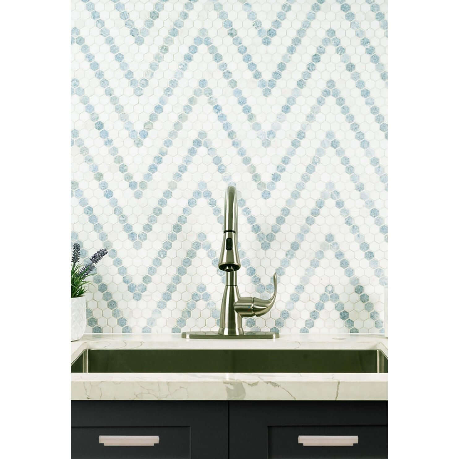 1” Azula Sazi Polished Hexagon Mosaic, Thassos White + Blue Azul