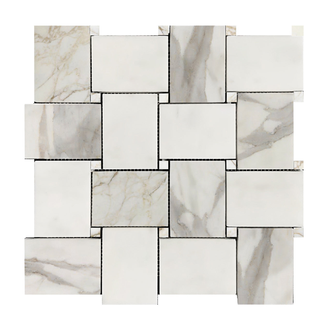 Calacatta Gold Italian Marble Large Basketweave Mosaic Tile with Calacatta Oro Dots Honed