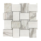 Calacatta Gold Italian Marble Large Basketweave Mosaic Tile with Calacatta Oro Dots Polished