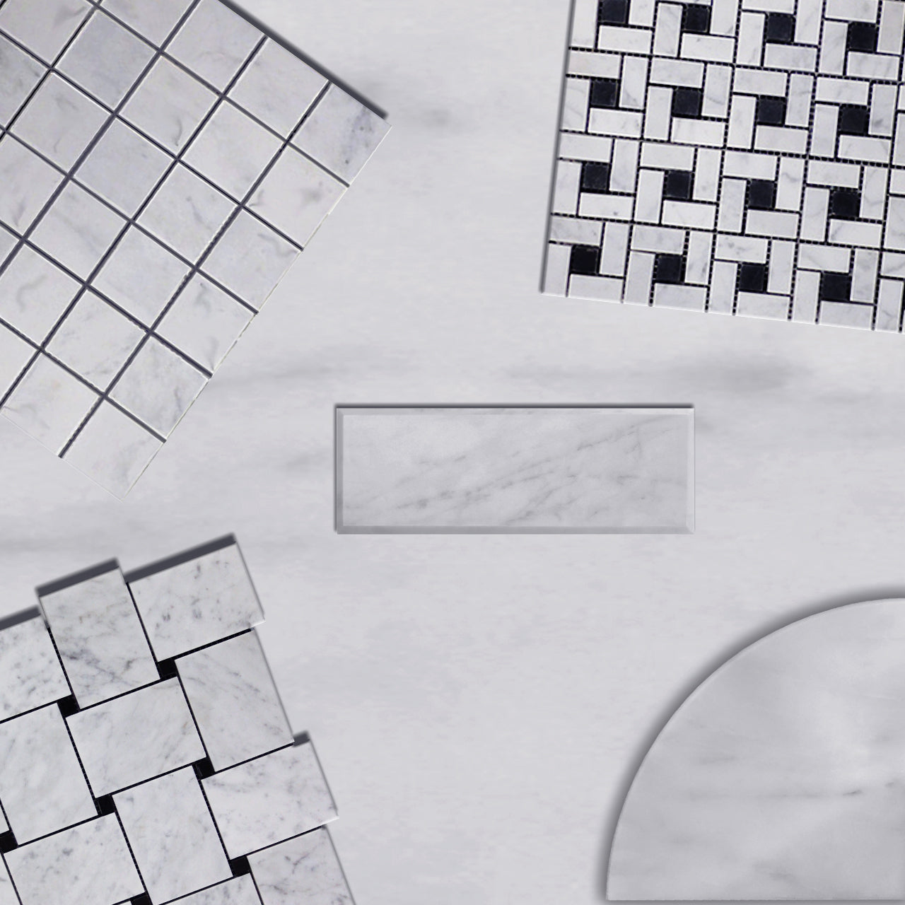 Carrara White Marble Large Basketweave Mosaic Tile with Nero Marquina Black Dots Polished