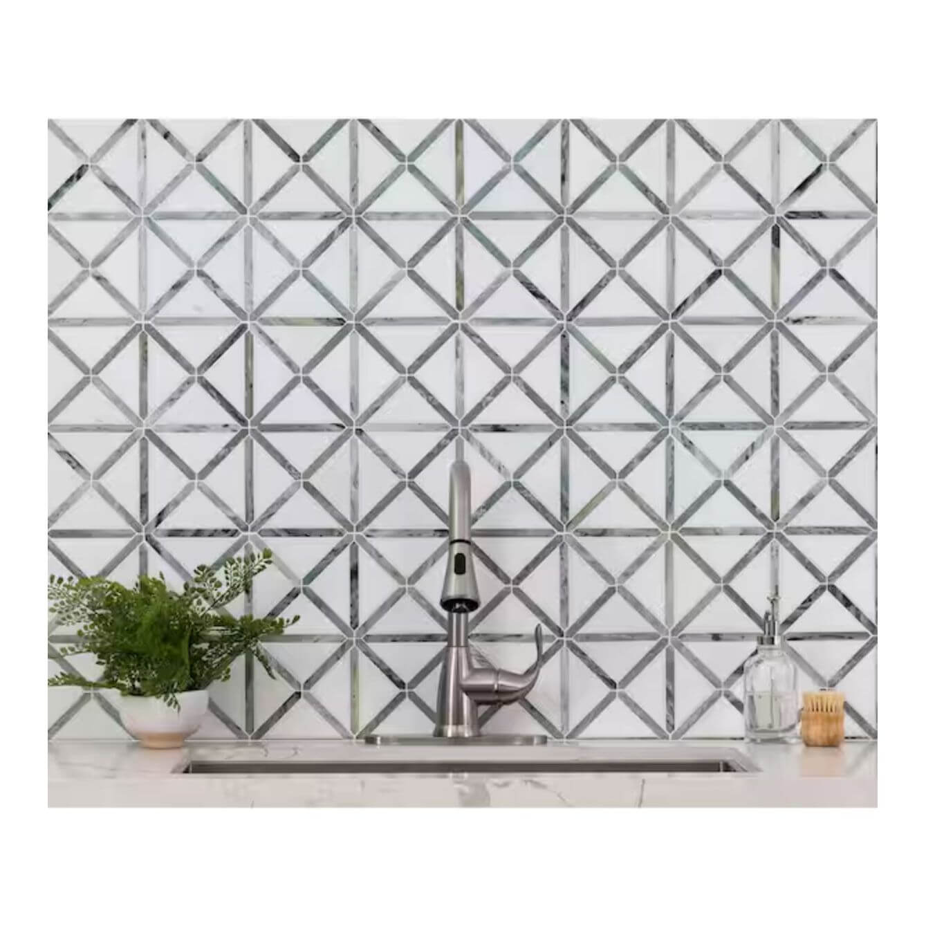 12x12 Verdant Green Geometrica Pattern Polished, Thassos White, Ming Green
