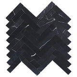 Nero Marquina Black Marble 1" x 4" Herringbone Mosaic Tile Polished