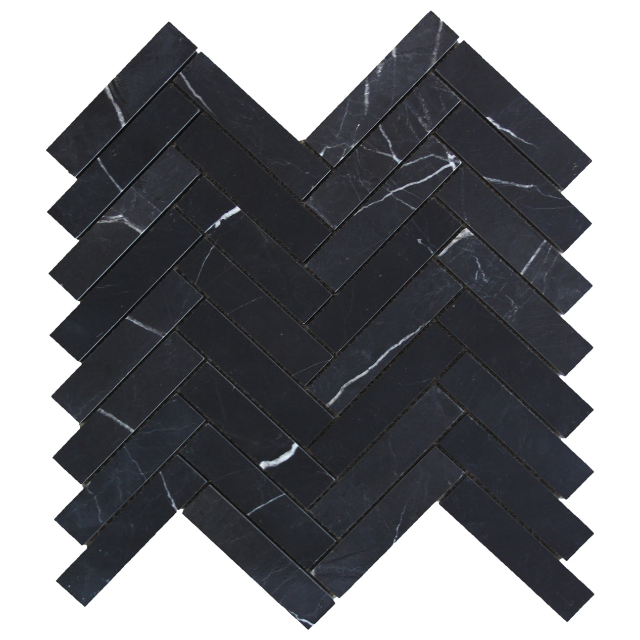 Nero Marquina Black Marble 1" x 4" Herringbone Mosaic Tile Polished