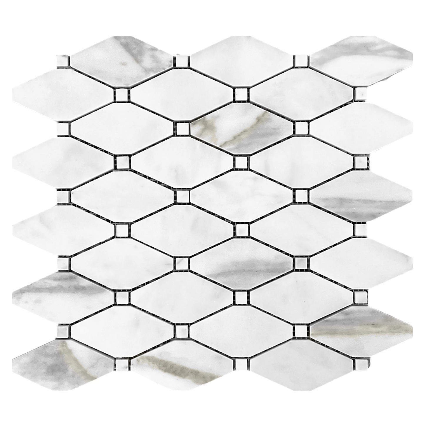 Calacatta Gold Marble Long Octagon Rhomboid Mosaic Tile with Calacatta Dots Honed