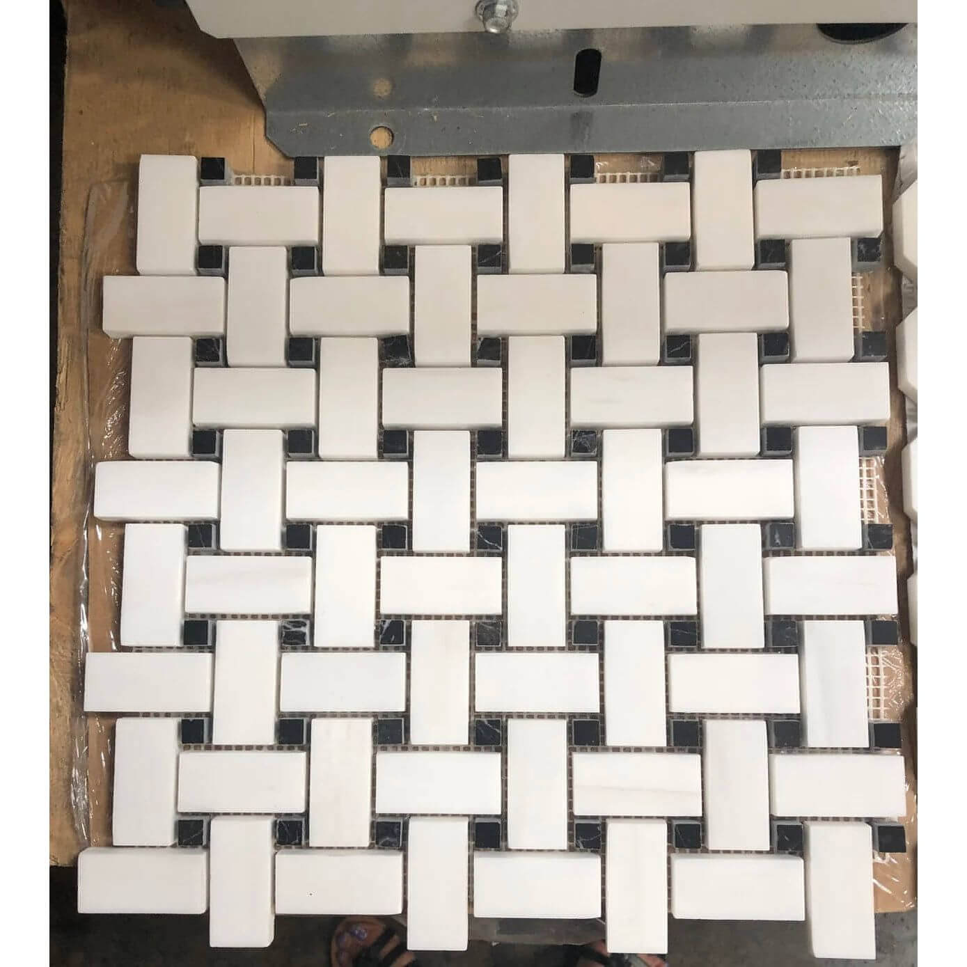 1x2 Bianco Dolomite Basketweave with Nero Dots 12x12