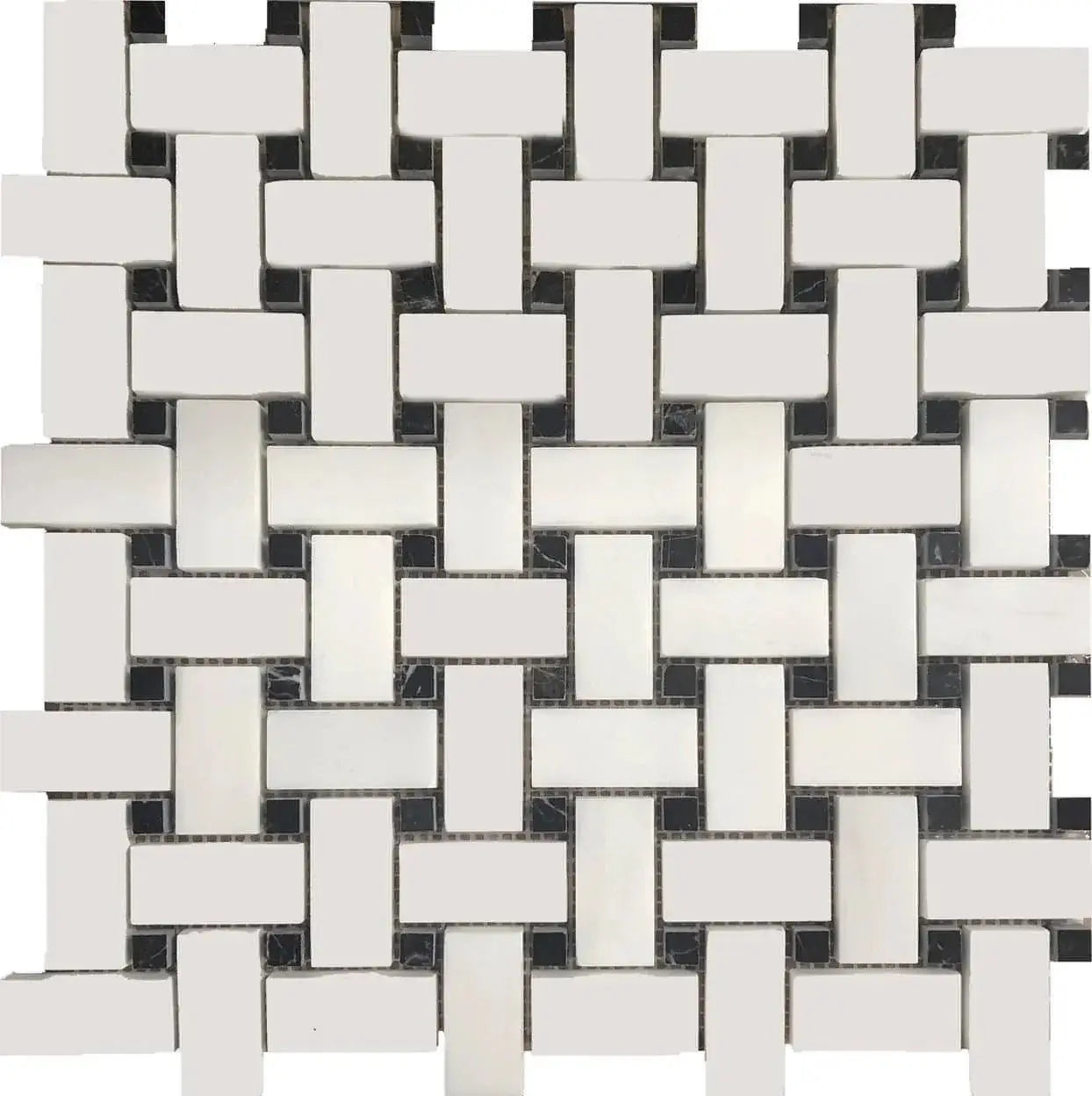 1x2 Bianco Dolomite Basketweave with Nero Dots 12x12