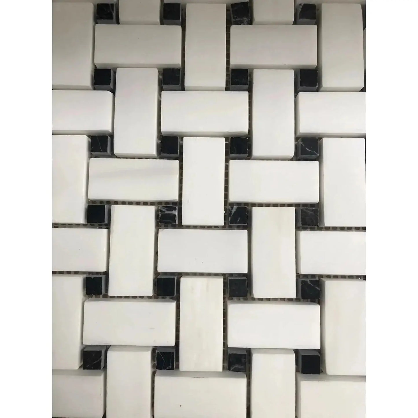 1x2 Bianco Dolomite Basketweave with Nero Dots 12x12
