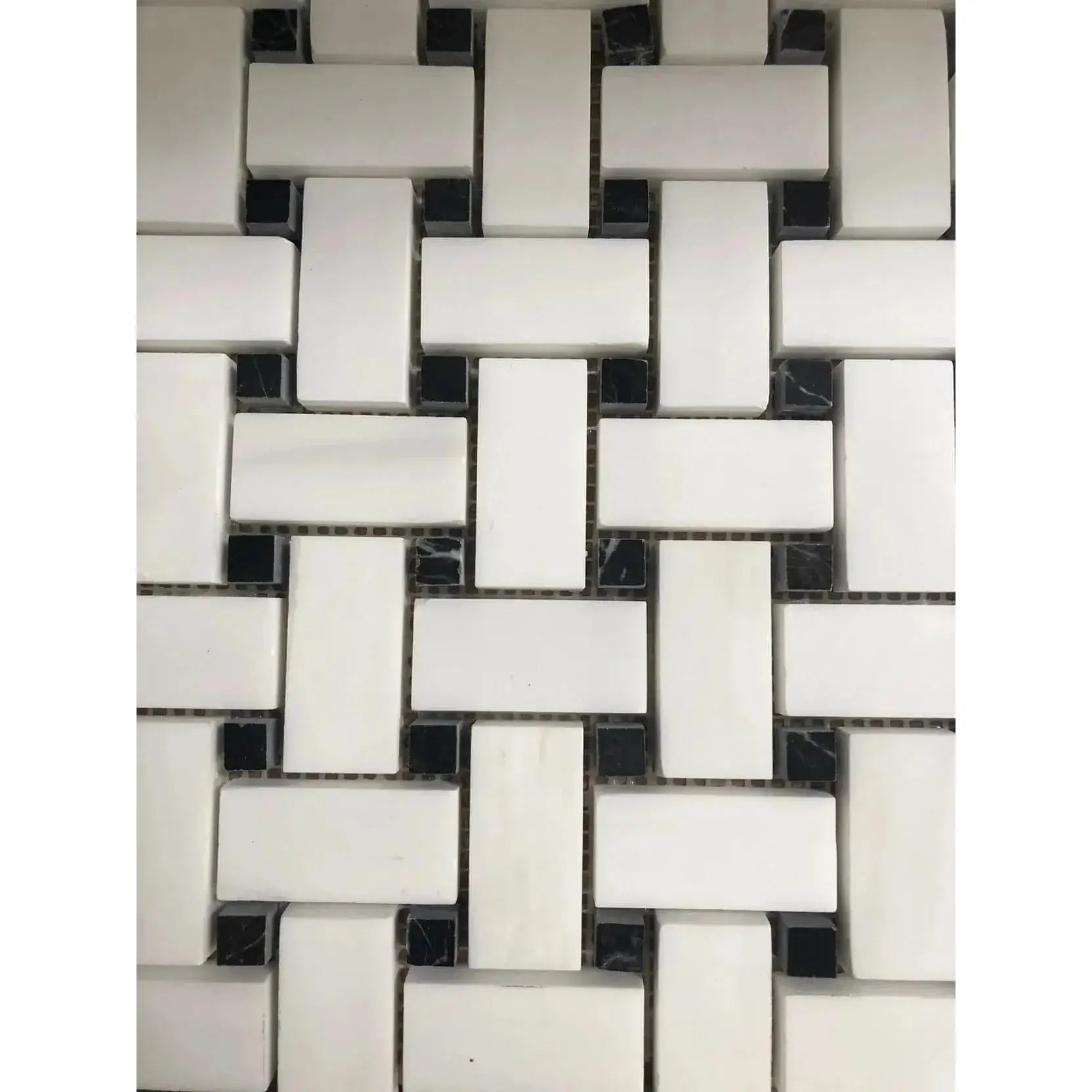 1x2 Bianco Dolomite Basketweave with Nero Dots 12x12