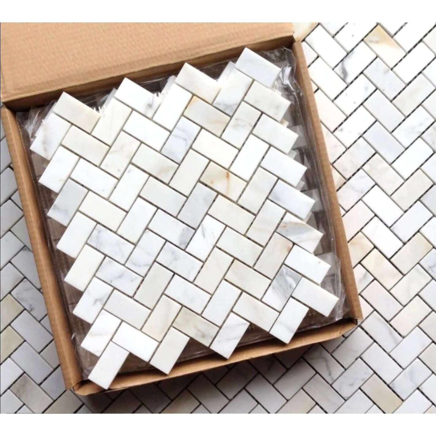 1x2 Tuscan Calacatta Gold Marble Herringbone Mosaic