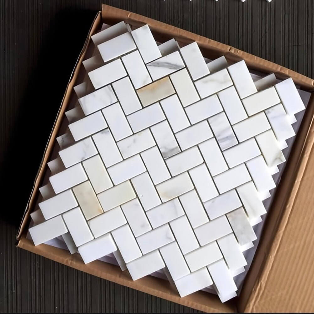 1x2 Tuscan Calacatta Gold Marble Herringbone Mosaic