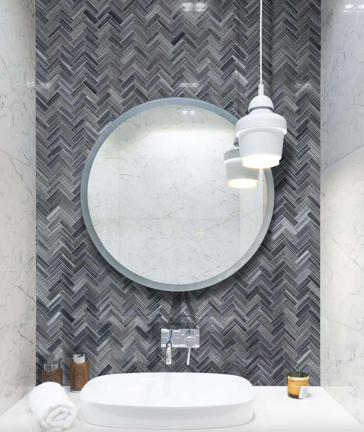 1”x3” Bardiglio Marble Herringbone Polished, 10.50”x12.75”