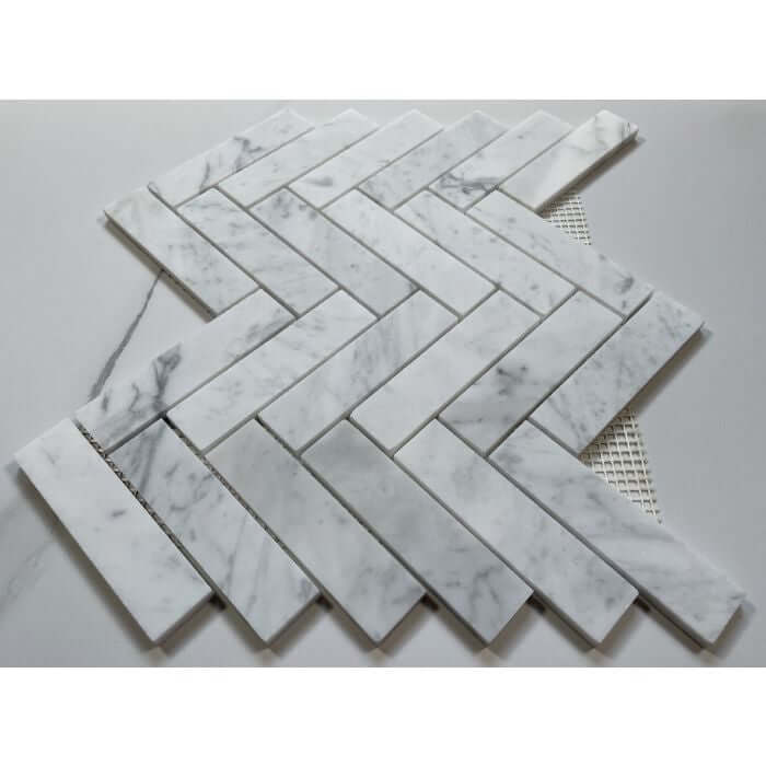 1x4 Carrara White Marble Herringbone Mosaic Tile