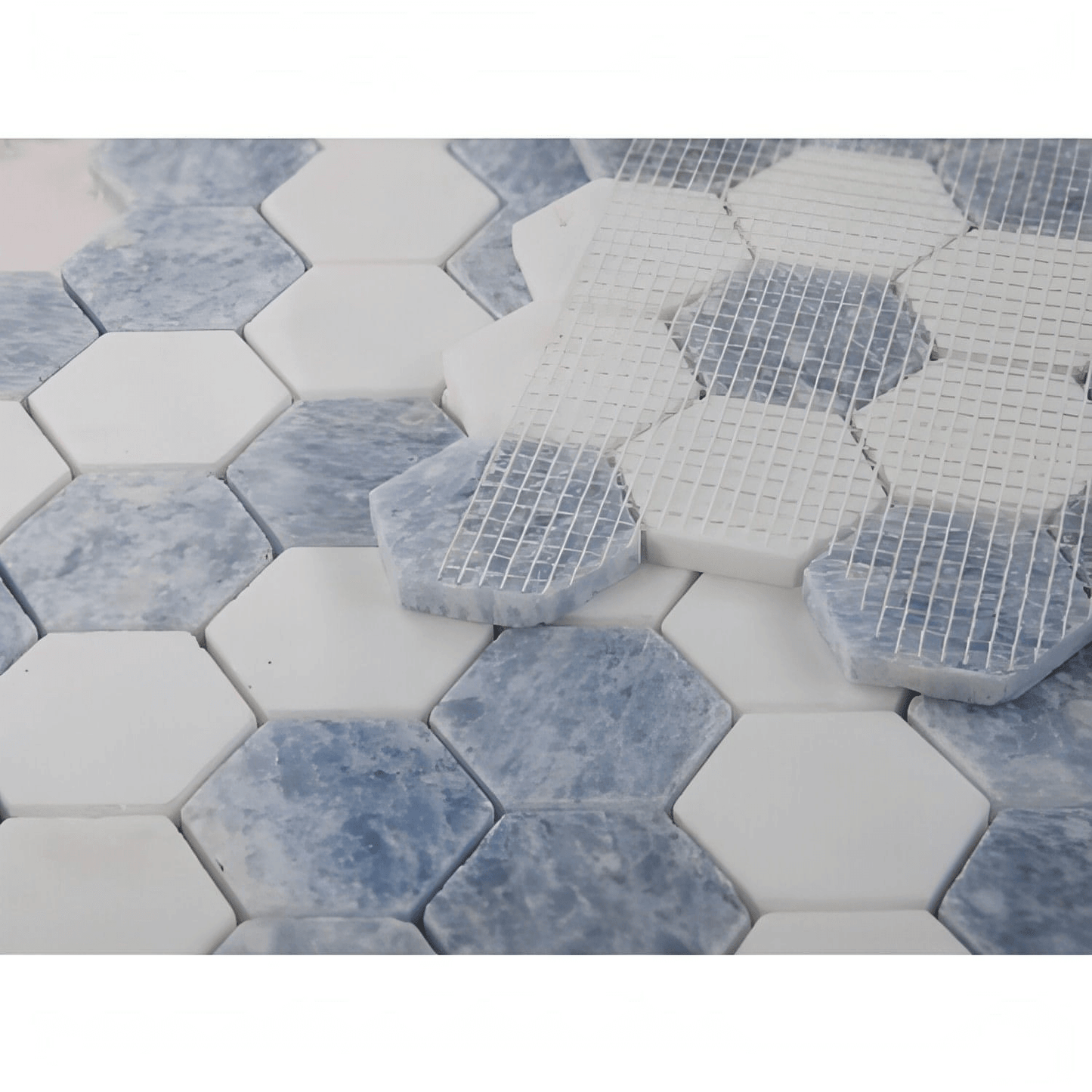 2” Thassos White + Blue Celeste Polished Hexagon 11.75 x 12