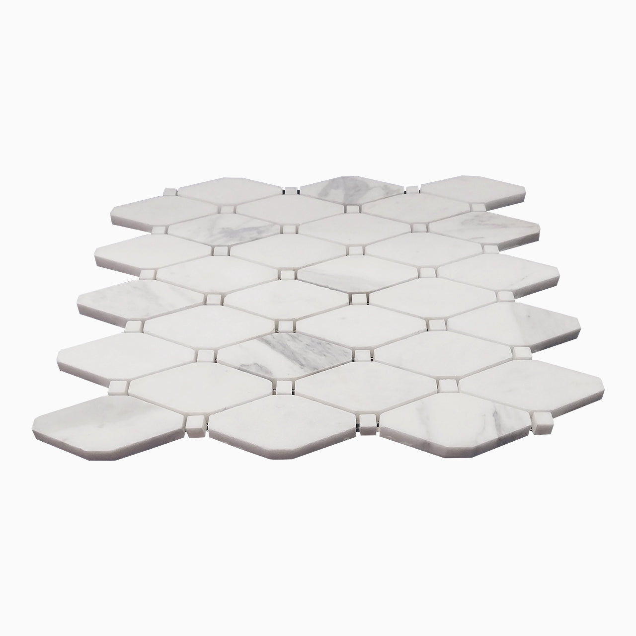 Calacatta Gold Marble Long Octagon Rhomboid Mosaic Tile with Calacatta Dots Honed