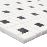 Bianco Dolomite Marble Target Pinwheel Mosaic Tile with Nero Marquina Black Dots Honed