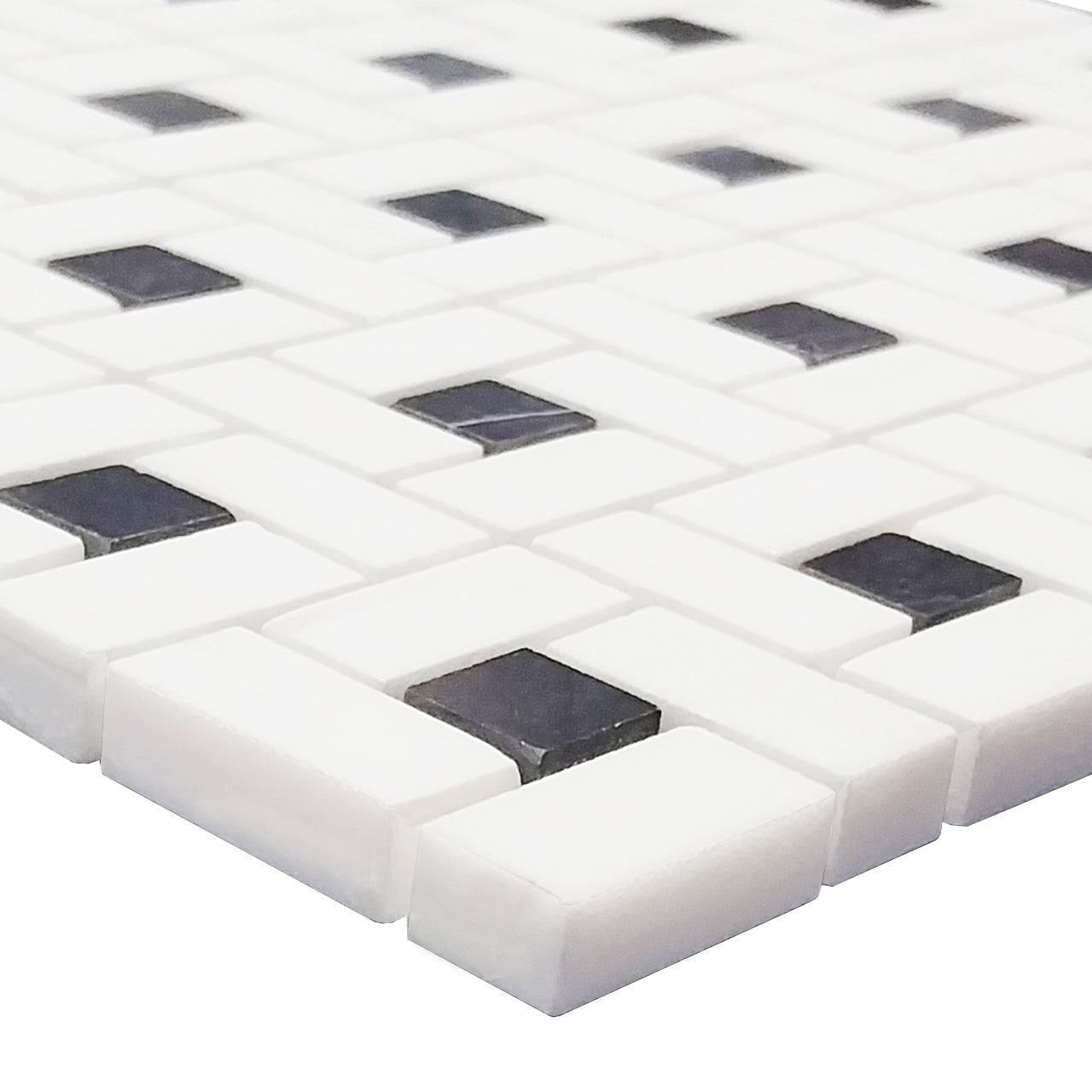 Bianco Dolomite Marble Target Pinwheel Mosaic Tile with Nero Marquina Black Dots Polished