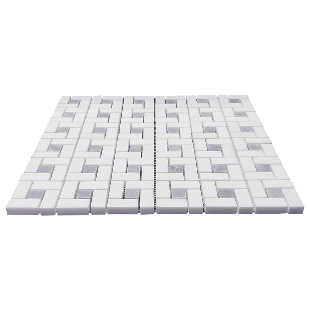 Bianco Dolomite Marble Target Pinwheel Mosaic Tile with Bardiglio Gray Dots Honed