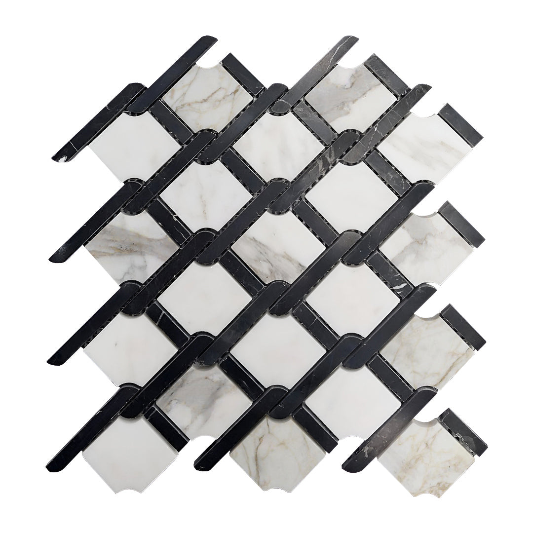 Calacatta Gold Marble Marbella Lynx Rope Design with Nero Marquina Black Strips Mosaic Tile Polished