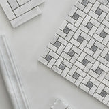Carrara White Italian Marble Target Pinwheel Mosaic Tile with Bardiglio Gray Dots Honed