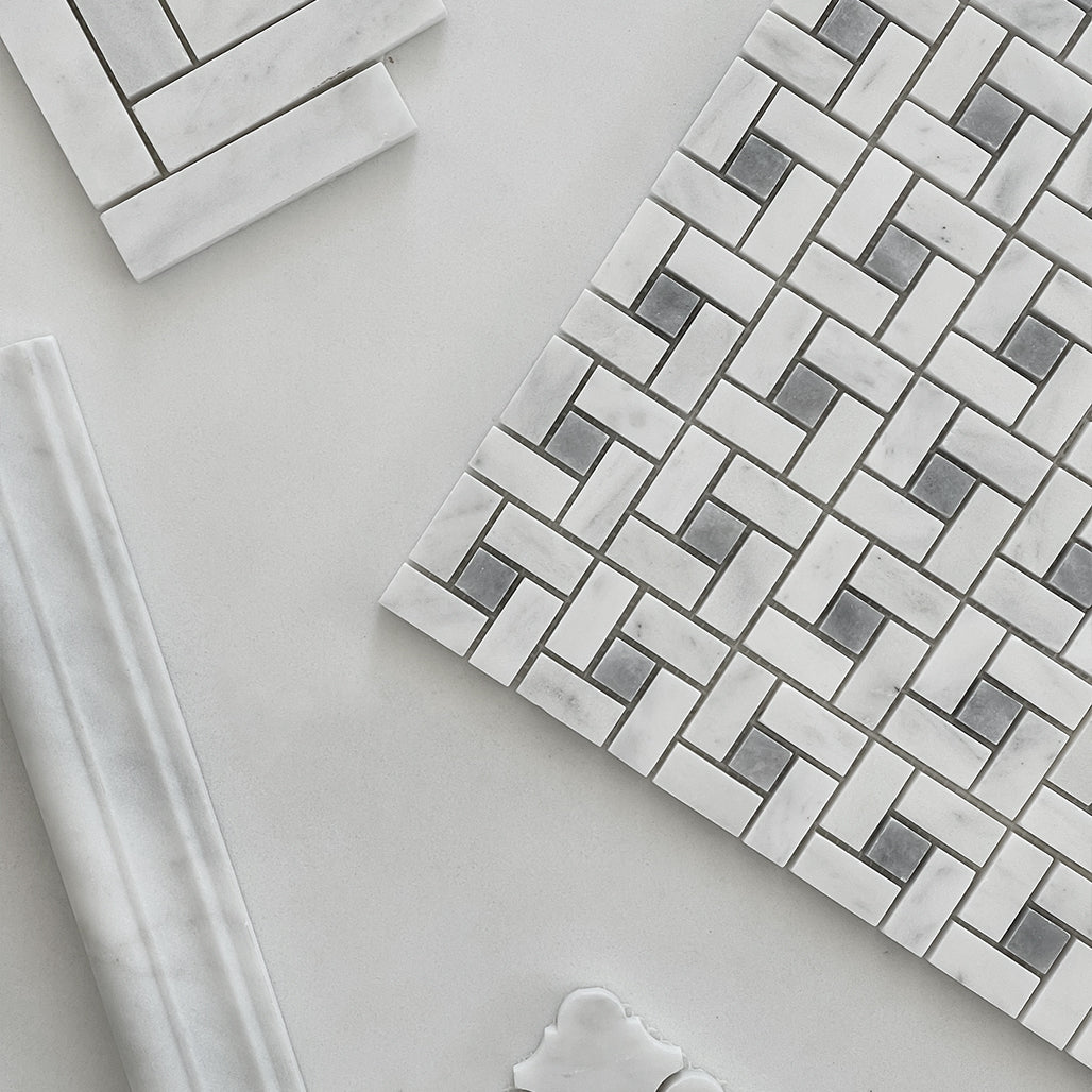 Carrara White Italian Marble Target Pinwheel Mosaic Tile with Bardiglio Gray Dots Honed