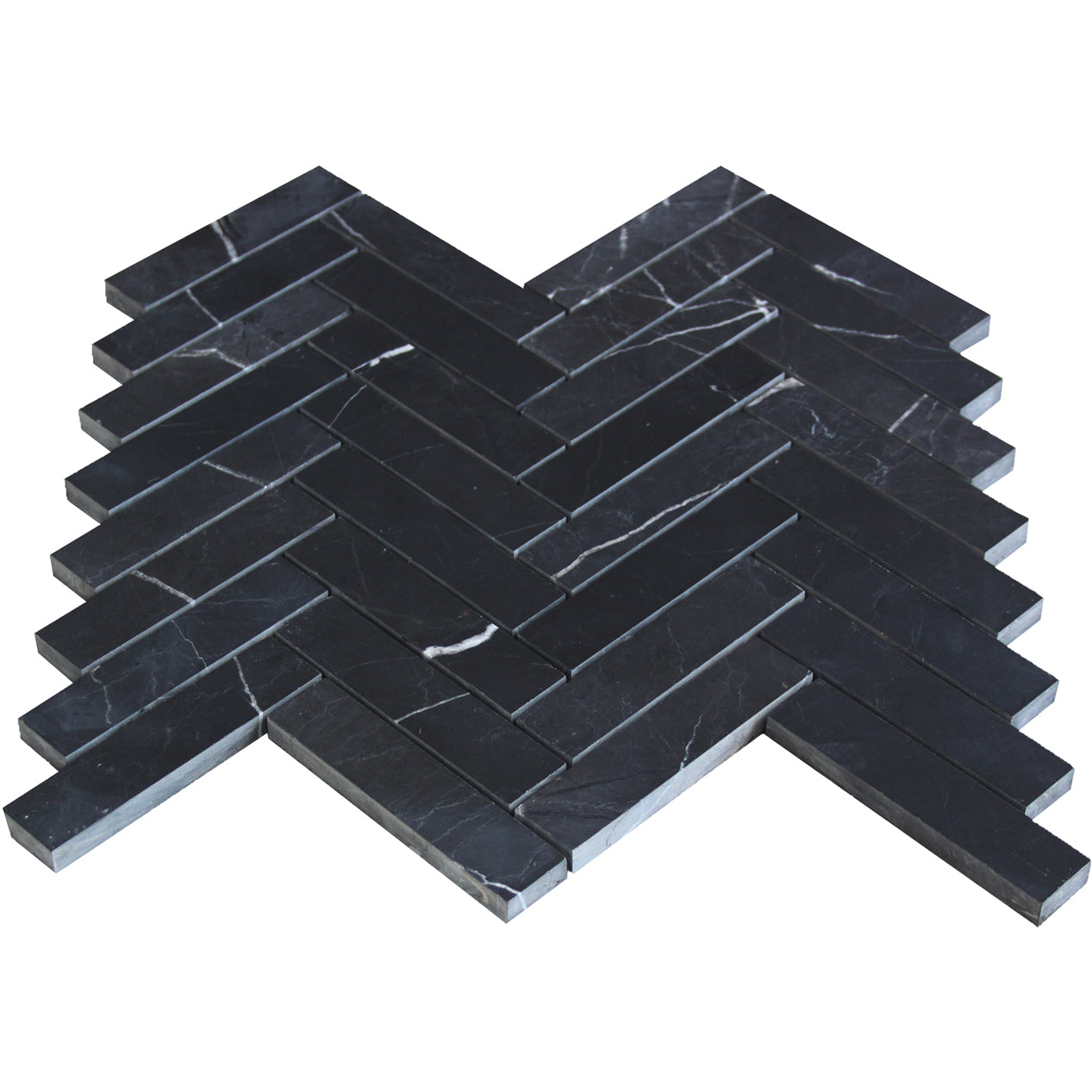Nero Marquina Black Marble 1" x 4" Herringbone Mosaic Tile Polished