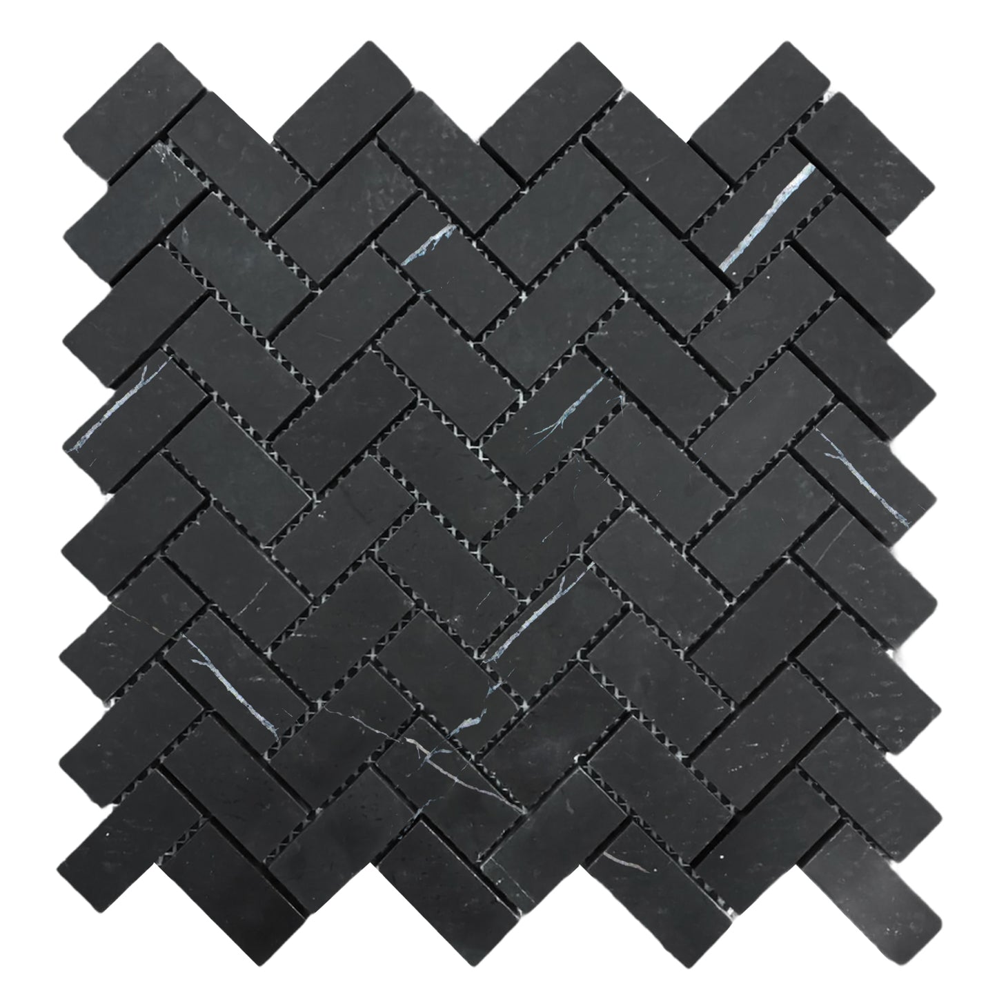 Nero Marquina Black Marble 1" x 2" Herringbone Mosaic Tile Polished