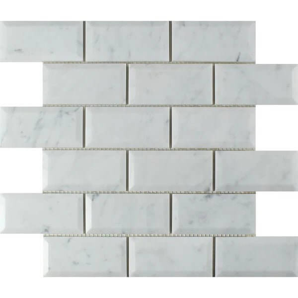 2x4 Carrara White Marble Deep Beveled Brick Mosaic Tile