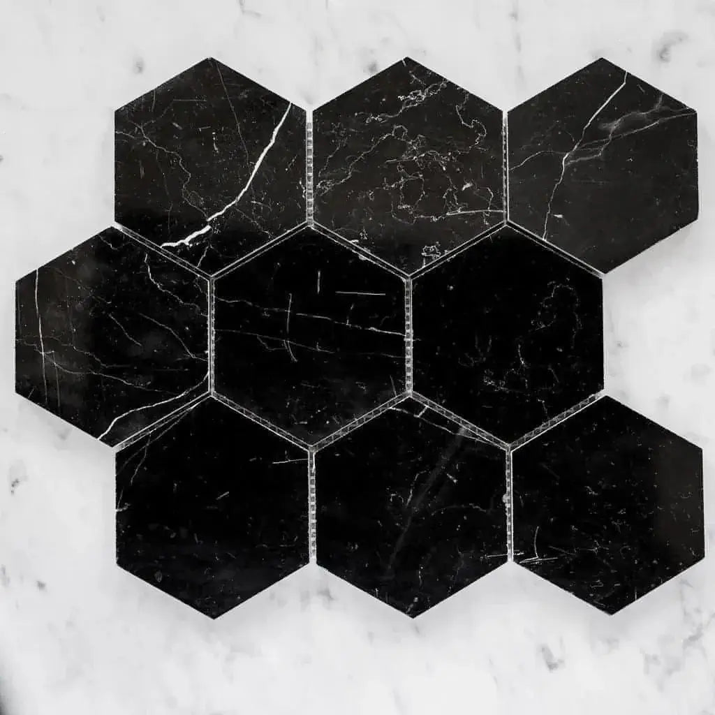 3” Nero Marquina Hexagon Mosaic Tile
