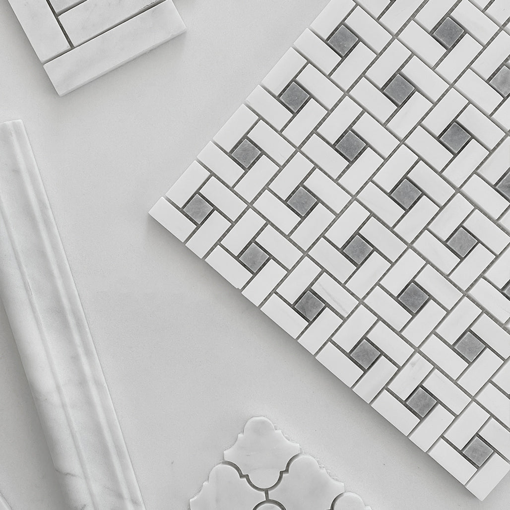 Bianco Dolomite Marble Target Pinwheel Mosaic Tile with Bardiglio Gray Dots Honed
