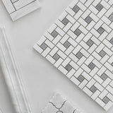 Bianco Dolomite Marble Target Pinwheel Mosaic Tile with Bardiglio Gray Dots Honed