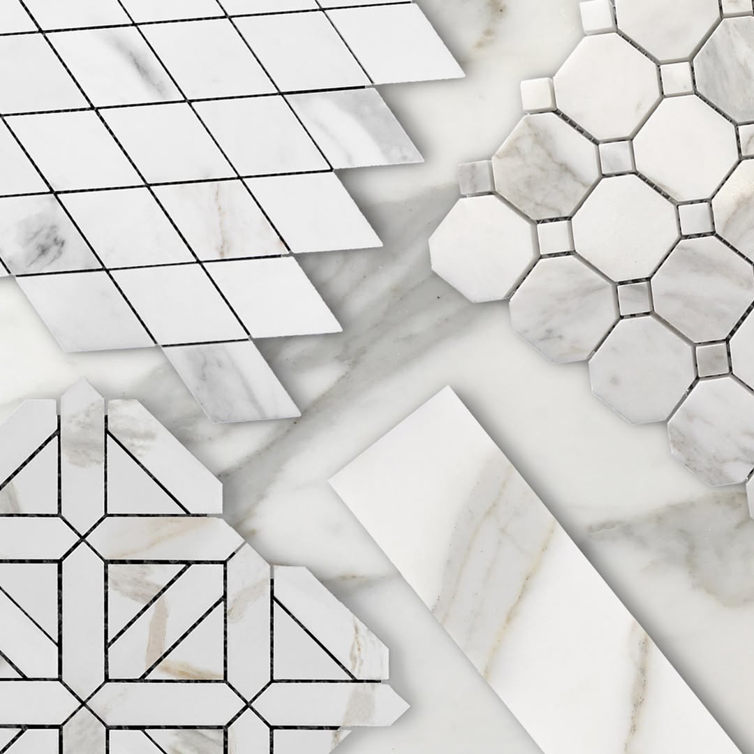 Bianco Dolomite Marble with Calacatta Gold Leaf La Fleur Waterjet Mosaic Tile Honed