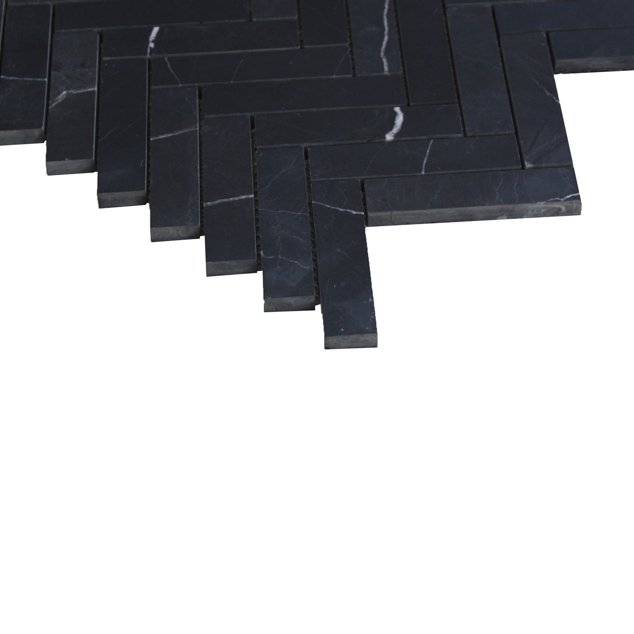 Nero Marquina Black Marble 1" x 4" Herringbone Mosaic Tile Polished