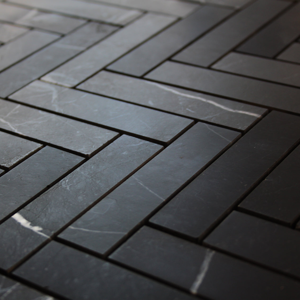 Nero Marquina Black Marble 1" x 4" Herringbone Mosaic Tile Honed