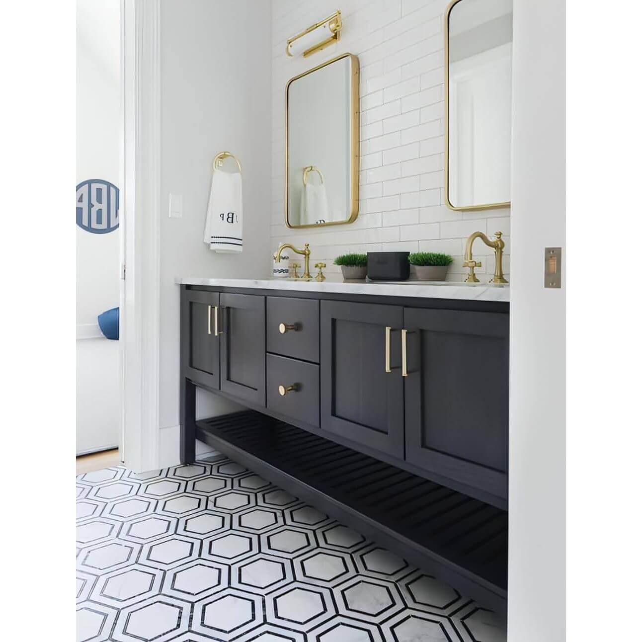 5” Carrara White + Nero Marquina Dual Hexagon Combination Mosaic Tile
