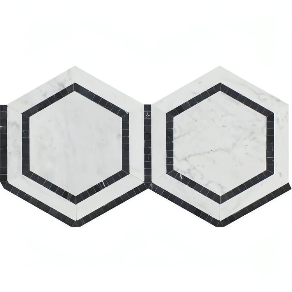5” Carrara White + Nero Marquina Dual Hexagon Combination Mosaic Tile