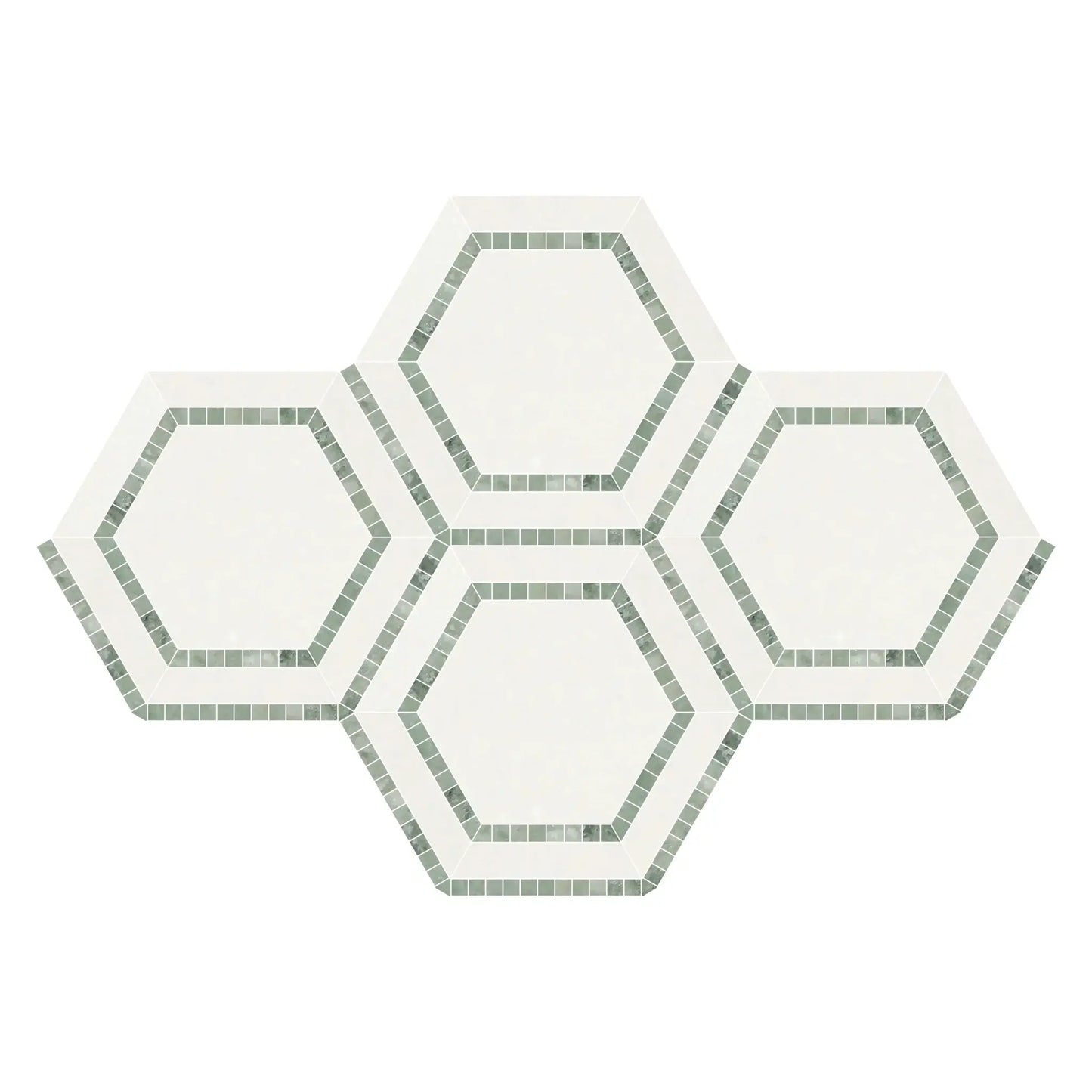 5” Thassos White (Greek) Marble + Ming Green Hexagon Combination Mosaic Tile