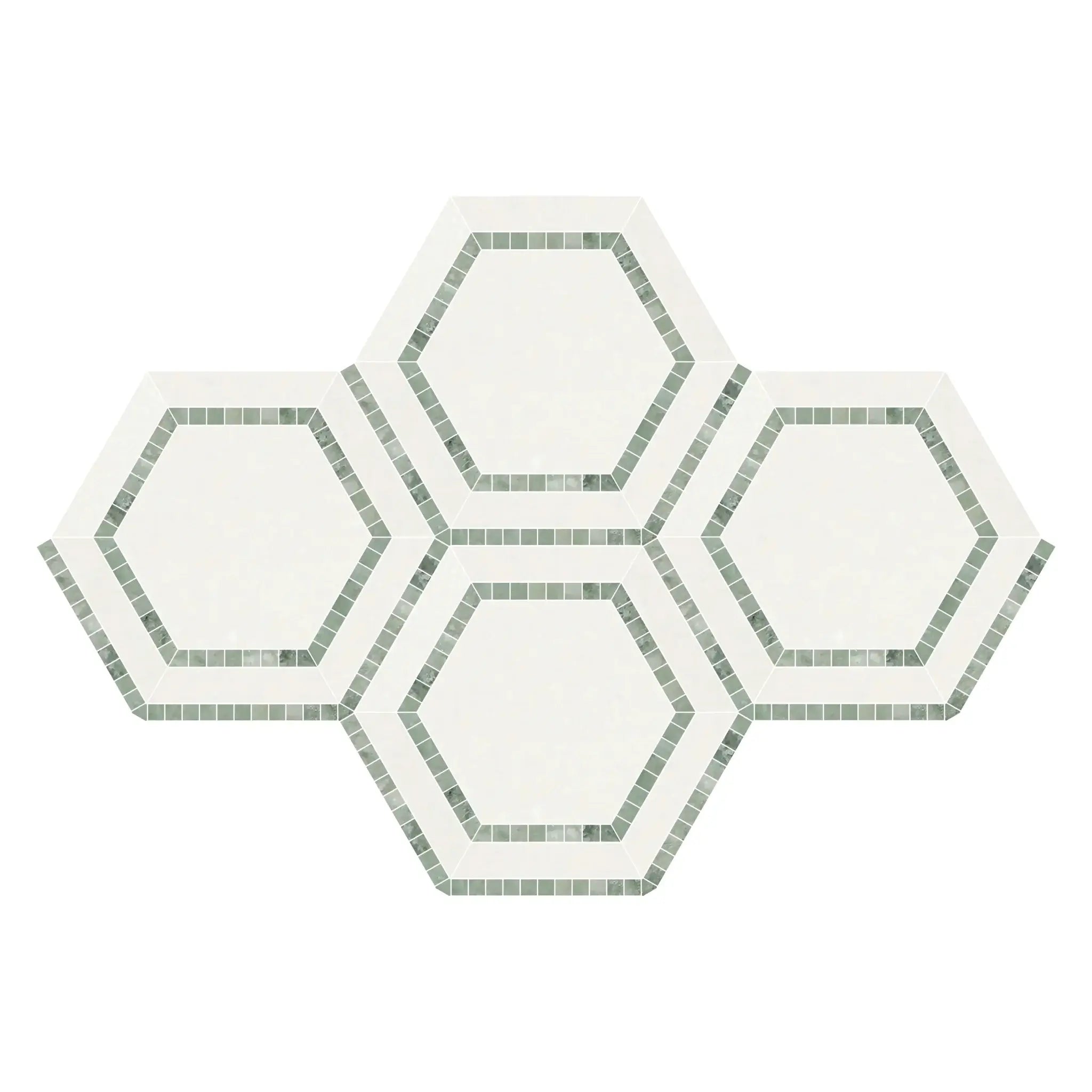 5” Thassos White (Greek) Marble + Ming Green Hexagon Combination Mosaic Tile