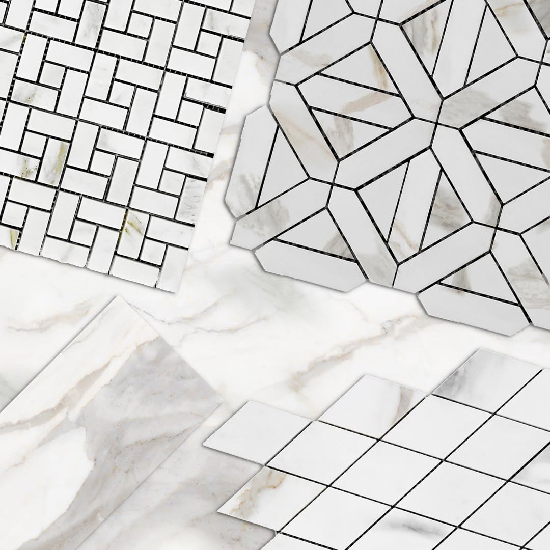 Calacatta Gold Italian Marble Large Basketweave Mosaic Tile with Nero Marquina Black Dots Polished