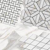 Calacatta Gold Italian Marble Large Basketweave Mosaic Tile with Nero Marquina Black Dots Polished