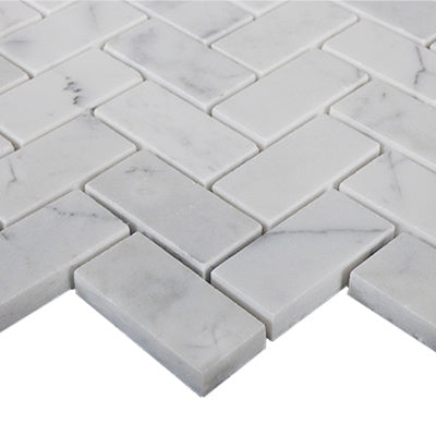 Carrara White Italian Marble 1" x 2" Herringbone Mosaic Tile Honed