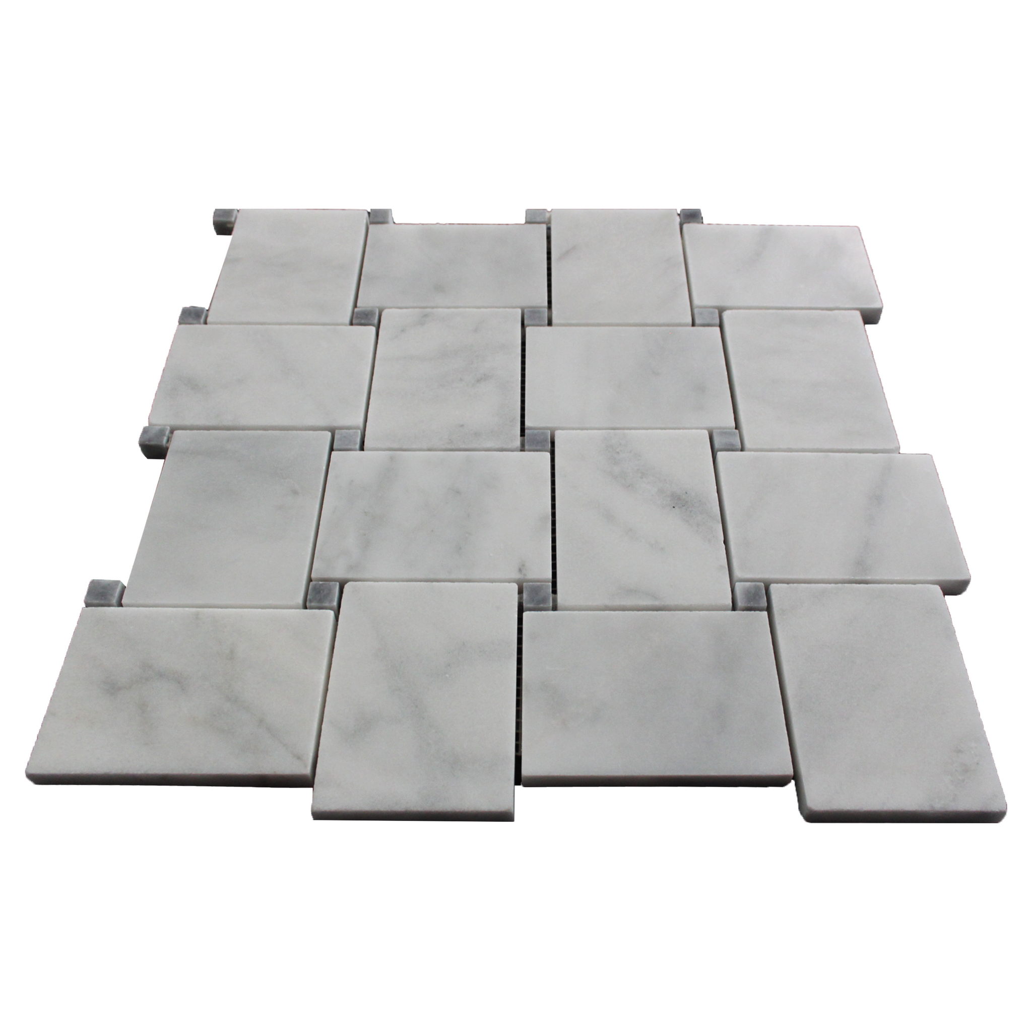 Carrara White Italian Marble Large Basketweave Mosaic Tile with Bardiglio Gray Dots Honed