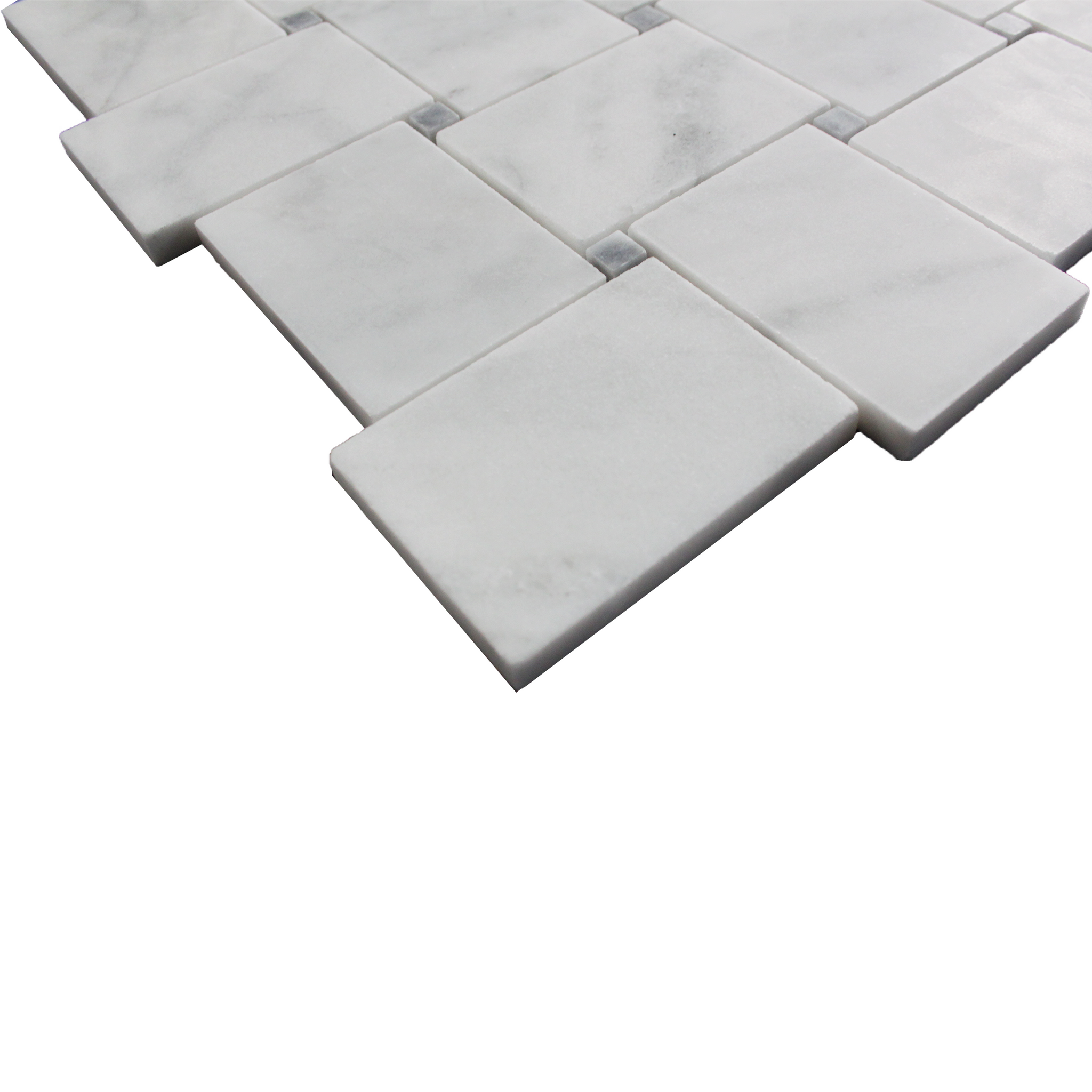 Carrara White Italian Marble Large Basketweave Mosaic Tile with Bardiglio Gray Dots Honed